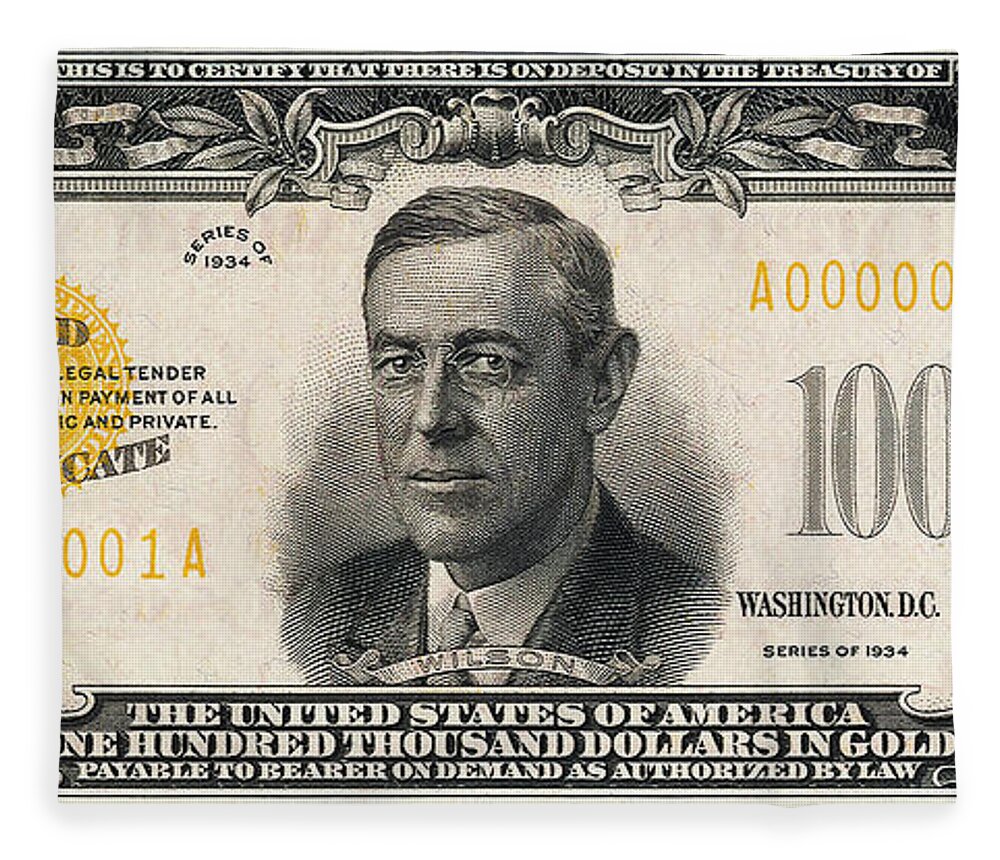 U S One Hundred Thousand Dollar Bill 1934 Usd Treasury Note Fleece Blanket For Sale By Serge Averbukh