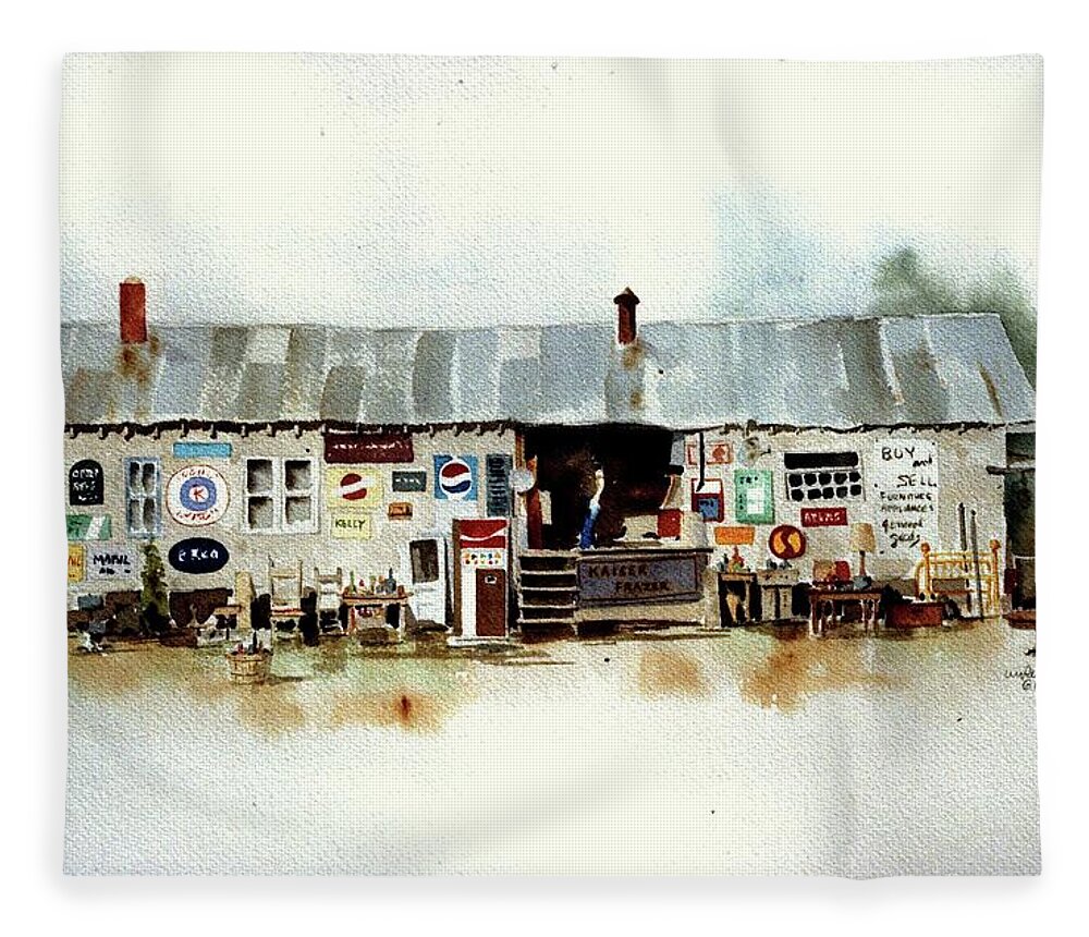 Watercolor Rendering Of Roadside Used Furniture Store. Fleece Blanket featuring the painting Used Furniture by William Renzulli