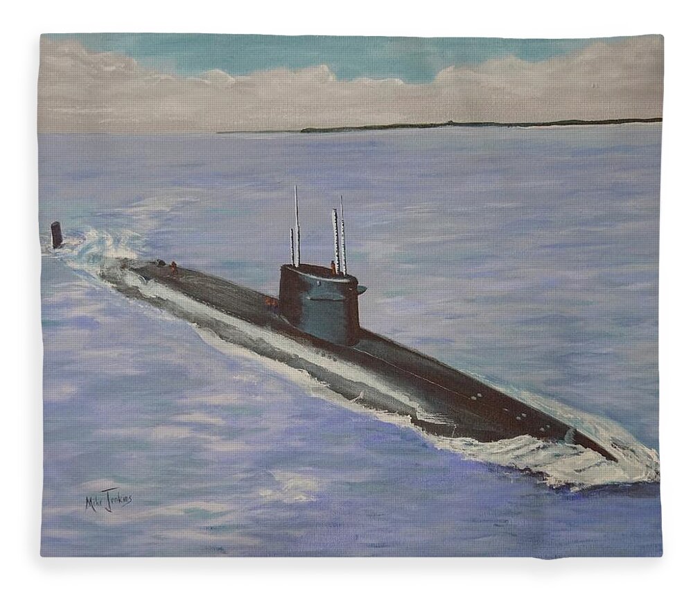 Navy Fleece Blanket featuring the painting USS Nathan Hale by Mike Jenkins