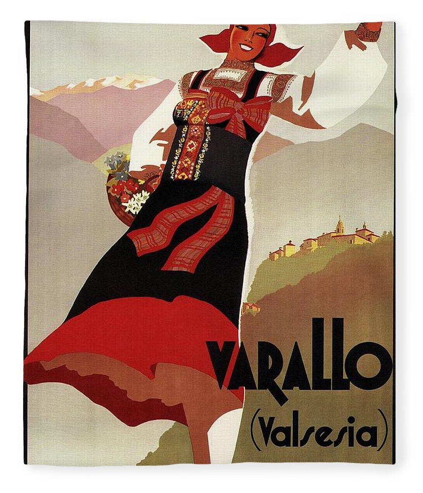 Varallo Fleece Blanket featuring the mixed media Varallo, Valsesia, Italy - Woman in Traditional Dress - Retro travel Poster - Vintage Poster by Studio Grafiikka