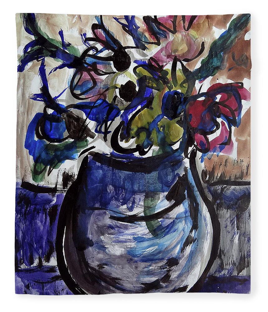 Katt Yanda Original Art Watercolor Artbook Collection Vase Of Colorful Flowers Blooming Fleece Blanket featuring the mixed media Vase of Flowers by Katt Yanda