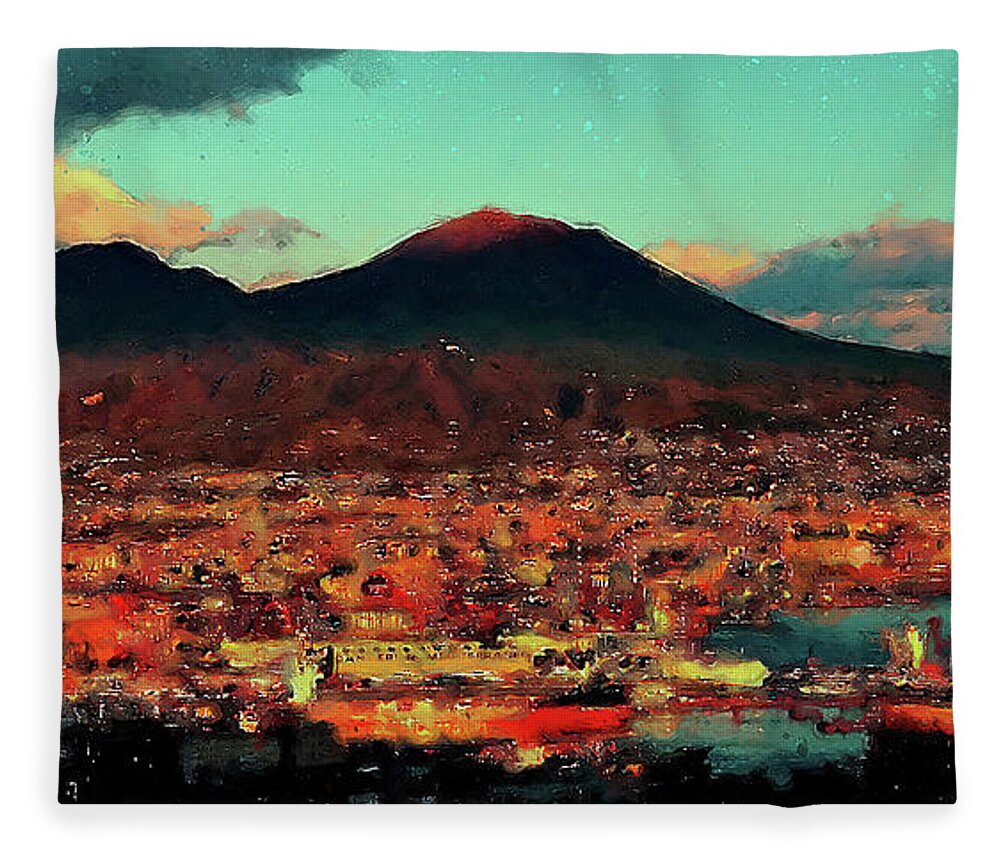Gulf Of Naples Fleece Blanket featuring the painting Vesuvio, panorama from Naples - 01 by AM FineArtPrints