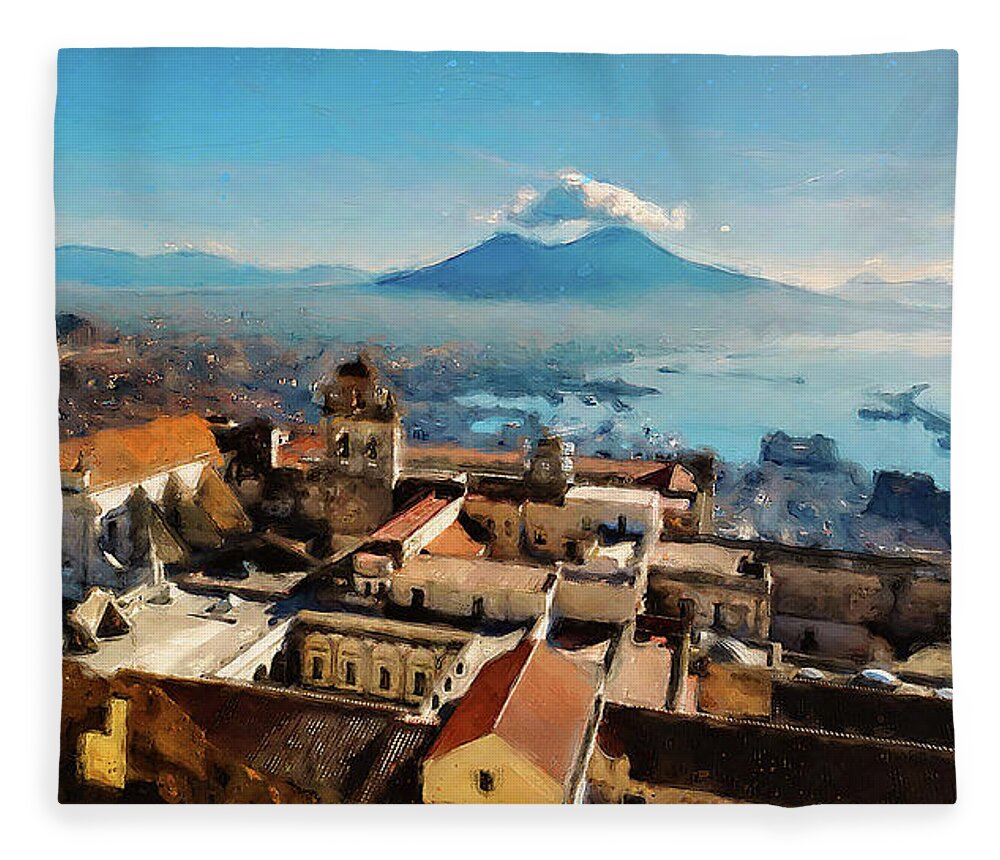Gulf Of Naples Fleece Blanket featuring the painting Vesuvio, panorama from Naples - 03 by AM FineArtPrints