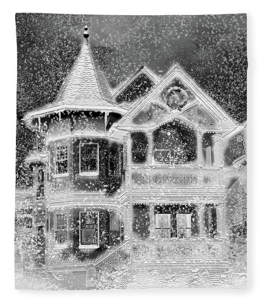 House Fleece Blanket featuring the digital art Victorian Christmas black and white by Steve Karol