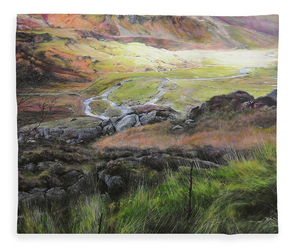 Landscape Fleece Blanket featuring the painting View down the valley in Snowdonia. by Harry Robertson