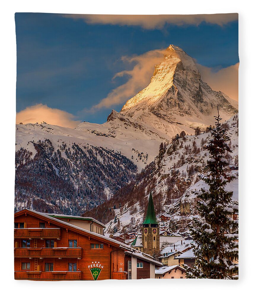 Furggletscher Fleece Blanket featuring the photograph Village of Zermatt with Matterhorn by Brenda Jacobs