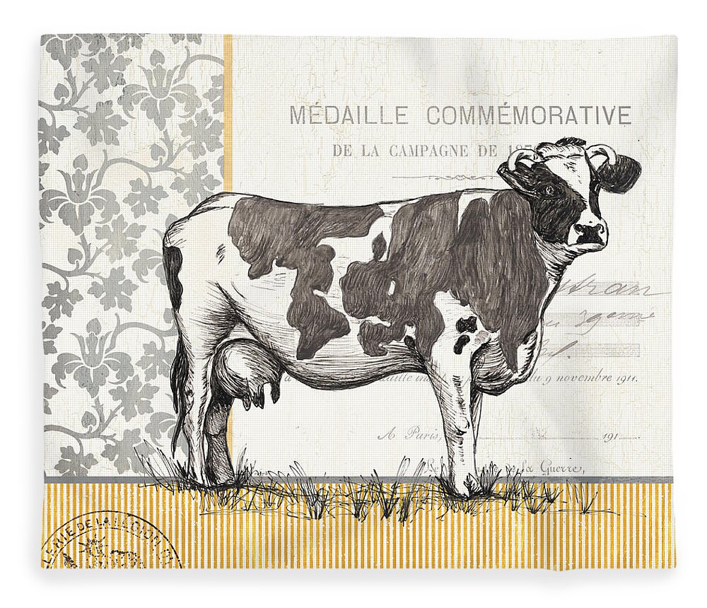 Cow Fleece Blanket featuring the painting Vintage Farm 4 by Debbie DeWitt