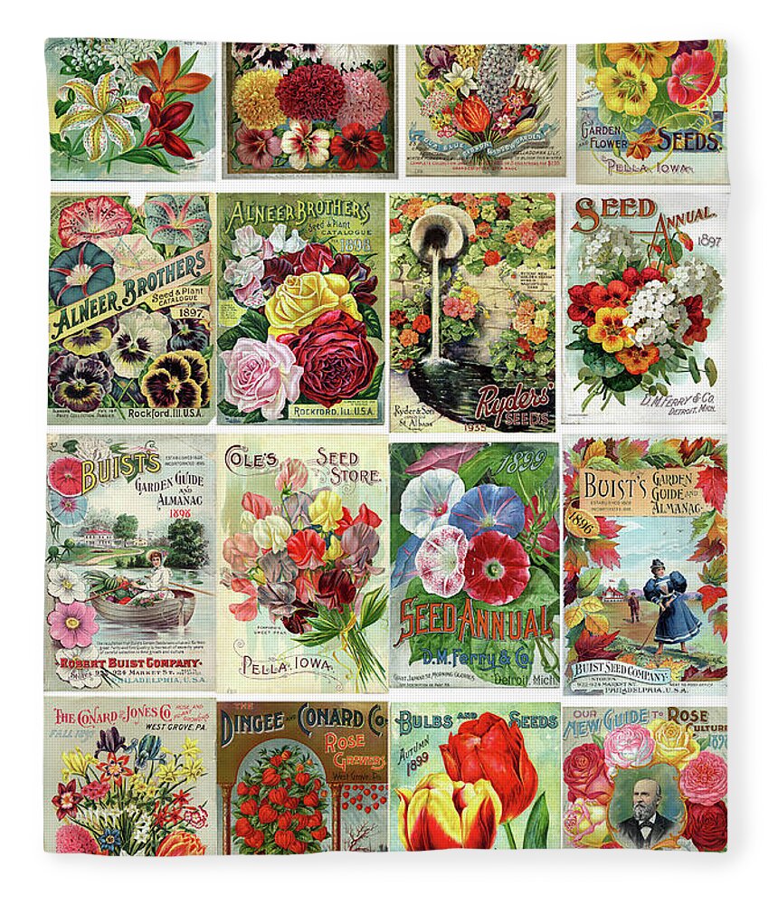 Flower Seeds Fleece Blanket featuring the painting Vintage Flower Seed Packets 1 by Peggy Collins