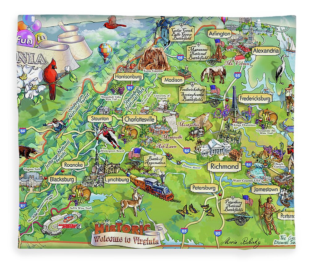 Mount Vernon Fleece Blanket featuring the painting Virginia Illustrated Map by Maria Rabinky