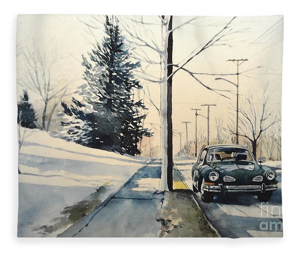 Volkswagen Fleece Blanket featuring the painting Volkswagen Karmann Ghia on snowy road by Christopher Shellhammer