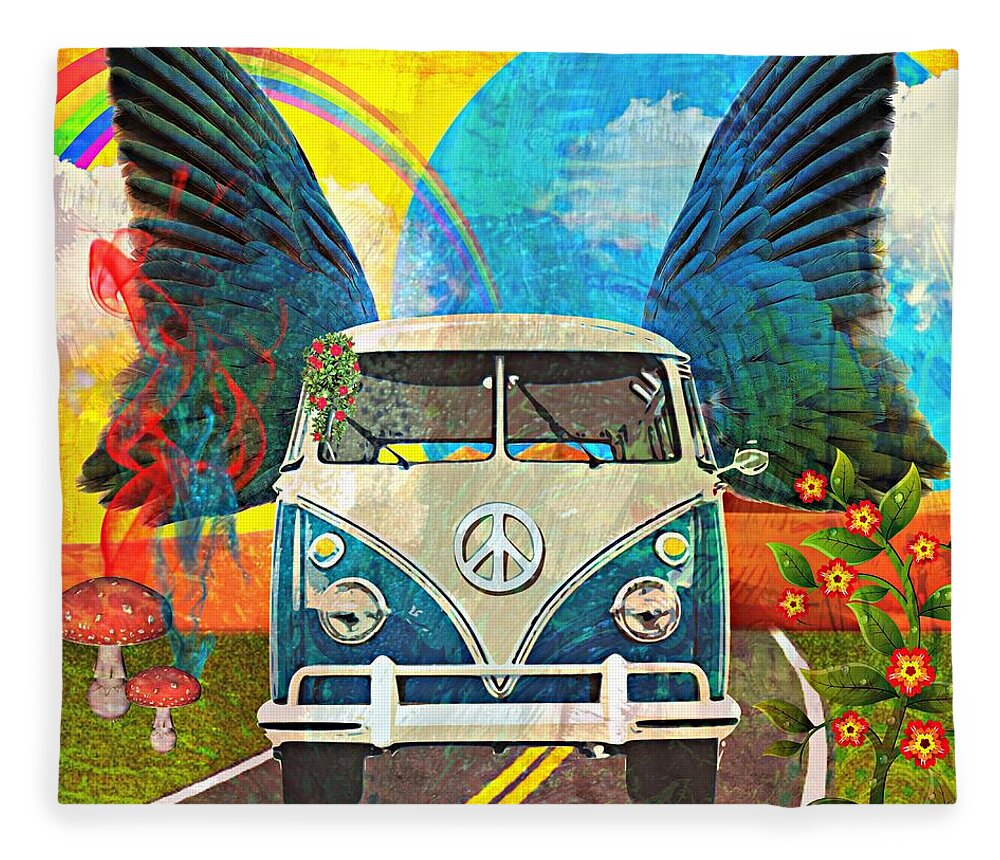 Volkswagen Fleece Blanket featuring the mixed media VW Bus Trip by Ally White