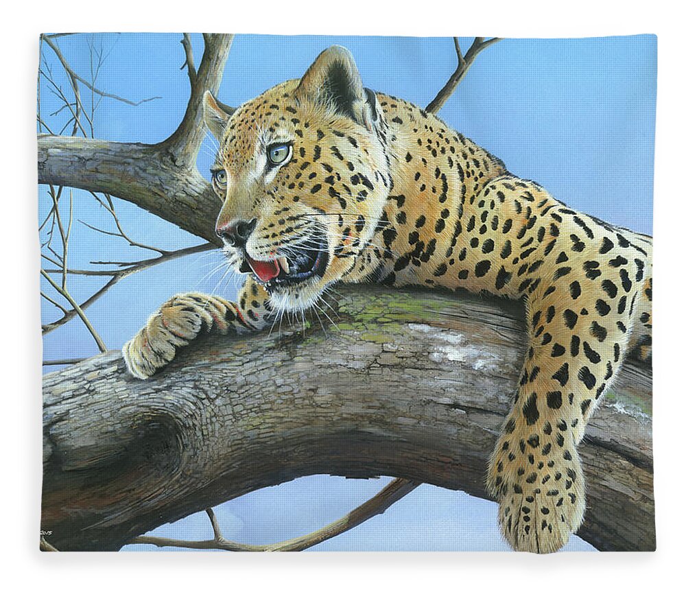 African Art Fleece Blanket featuring the painting Waiting Game by Mike Brown