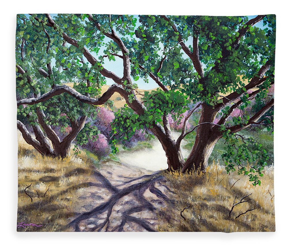 Laura Milnor Iverson Fleece Blanket featuring the painting Walking Through the Oak Trees on a Sunny Day by Laura Iverson