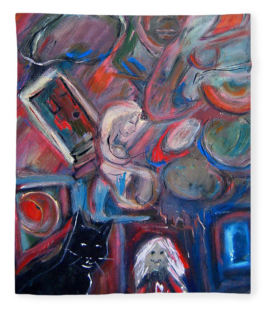 Katt Yanda Original Art Landscape Oil Painting Canvas Little Girl Black Cat Cityscape Angel In Clouds Fleece Blanket featuring the painting Watching Over Me by Katt Yanda
