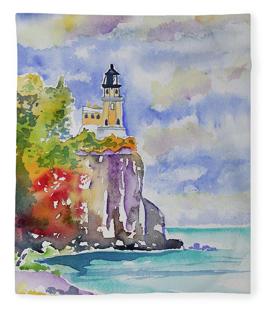 Split Rock Lighthouse Fleece Blanket featuring the painting Watercolor - Autumn at Split Rock Lighthouse by Cascade Colors