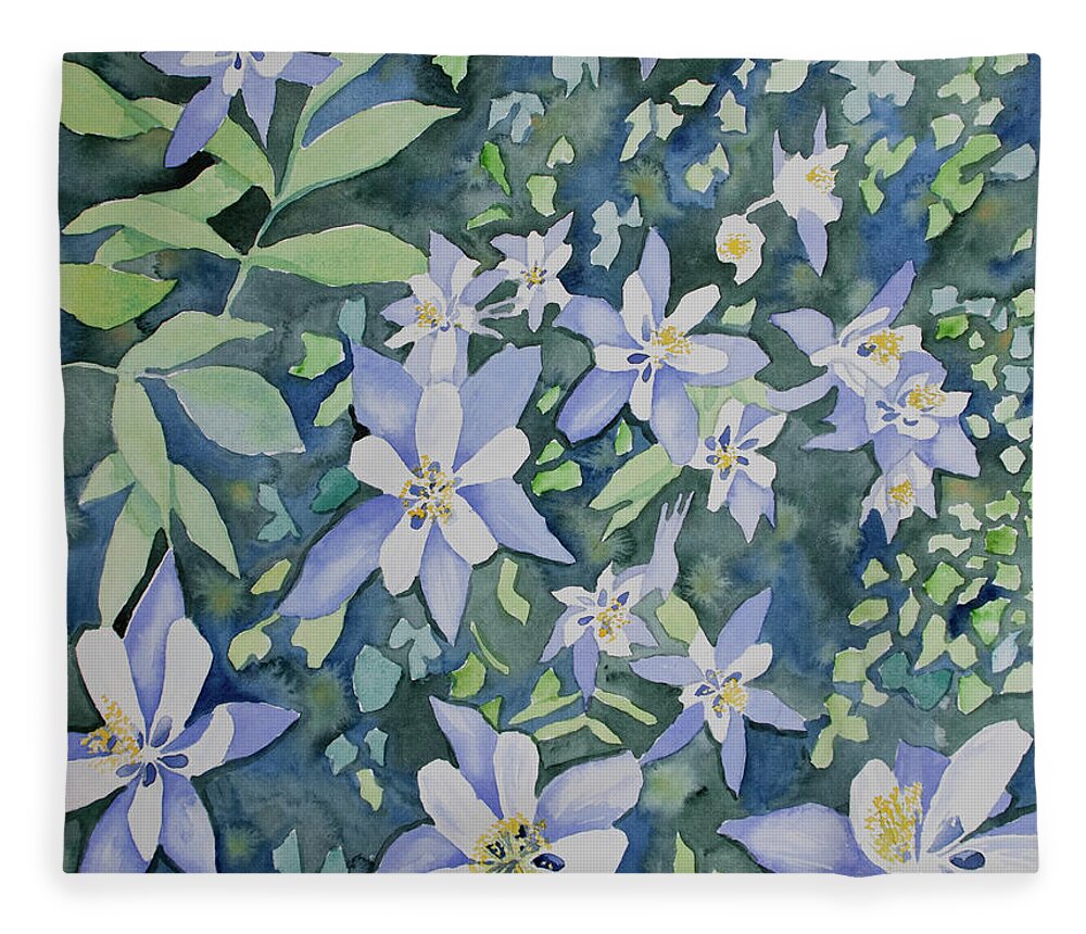 Blue Columbine Fleece Blanket featuring the painting Watercolor - Blue Columbine Wildflowers by Cascade Colors