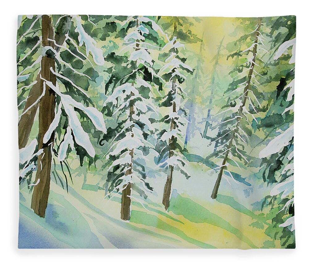Colorado Fleece Blanket featuring the painting Watercolor - Colorado Winter Tranquility by Cascade Colors