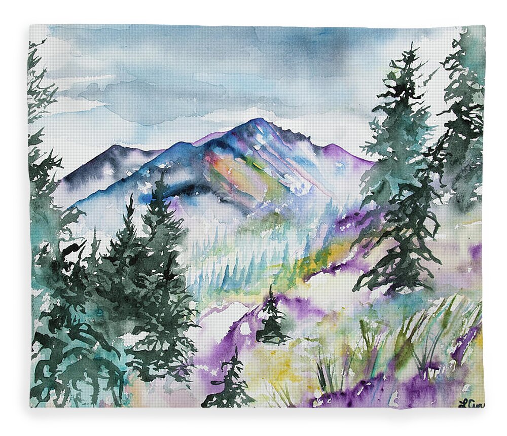 Long's Peak Fleece Blanket featuring the painting Watercolor - Long's Peak Summer Landscape by Cascade Colors