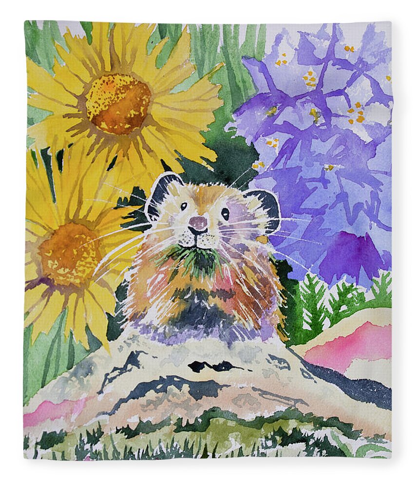 Pika Fleece Blanket featuring the painting Watercolor - Pika with Wildflowers by Cascade Colors