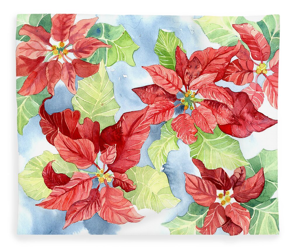 Poinsettia Fleece Blanket featuring the painting Watercolor Poinsettias Christmas Decor by Audrey Jeanne Roberts