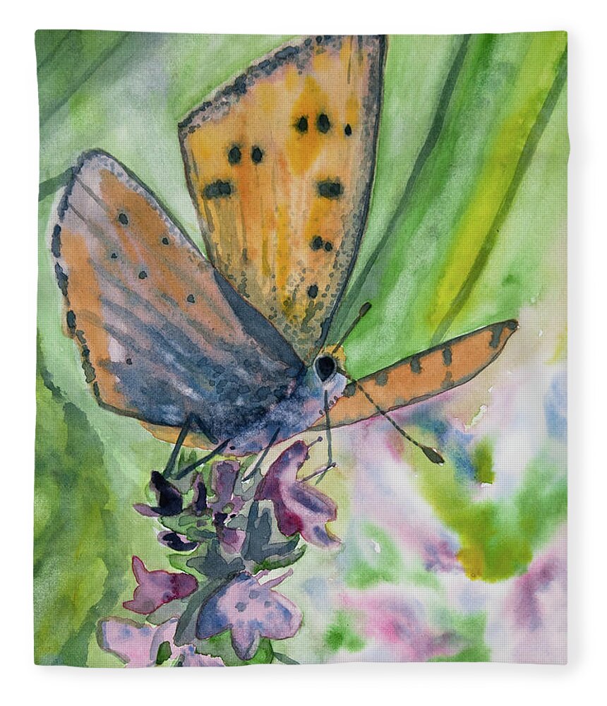 Butterfly Fleece Blanket featuring the painting Watercolor - Small Butterfly on a Flower by Cascade Colors