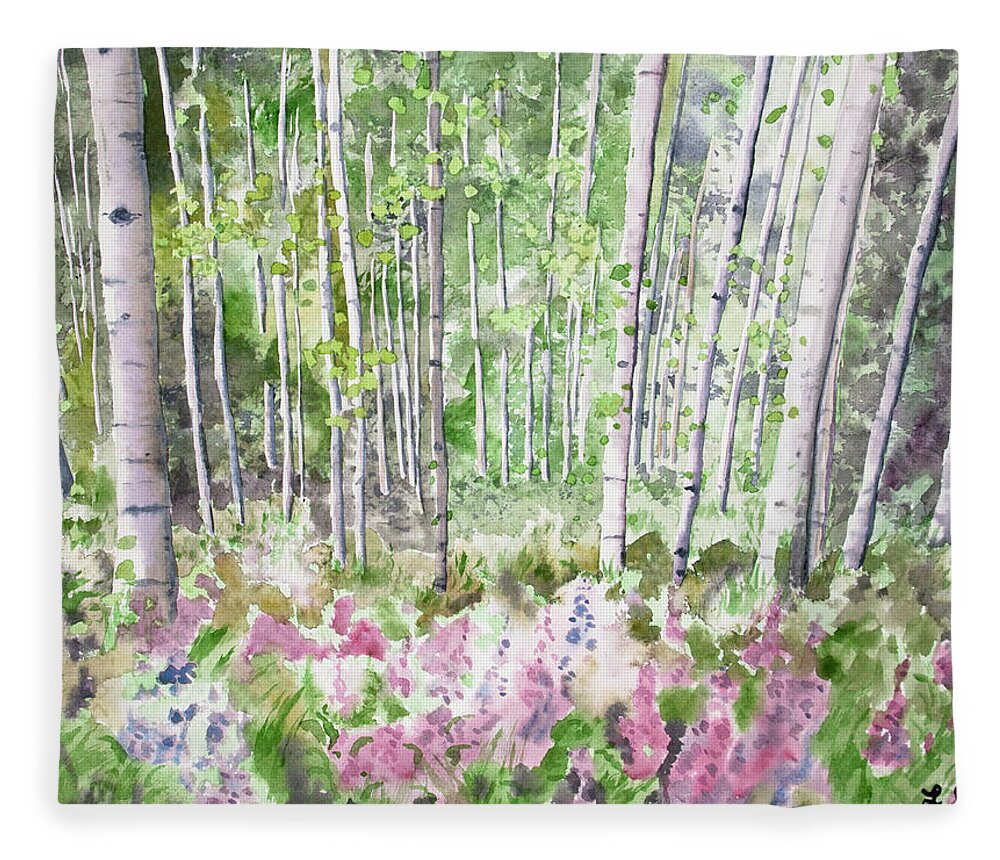 Aspen Fleece Blanket featuring the painting Watercolor - Summer Aspen Glade by Cascade Colors