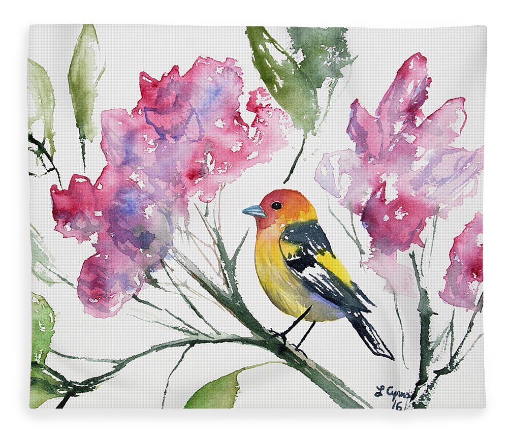 Western Tanager Fleece Blanket featuring the painting Watercolor - Western Tanager in a Flowering Tree by Cascade Colors