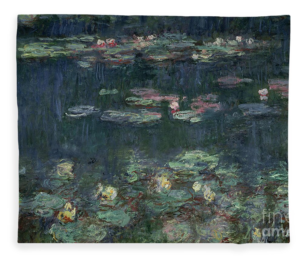 Monet Fleece Blanket featuring the painting Waterlilies Green Reflections by Claude Monet