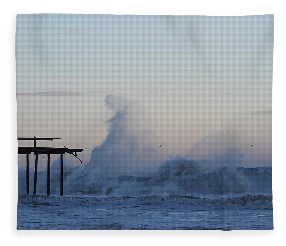Water Fleece Blanket featuring the photograph Wave Towers Over OC Fishing Pier by Robert Banach