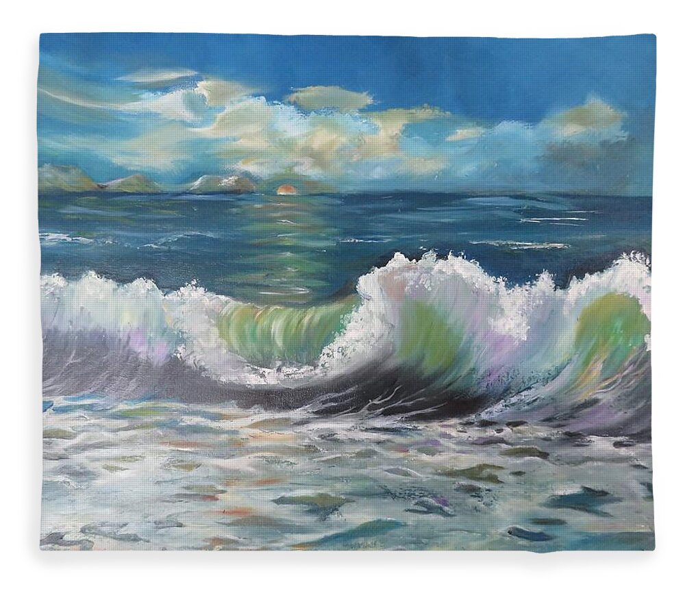Oil Painting Fleece Blanket featuring the painting Waves at sunset by Maria Karlosak