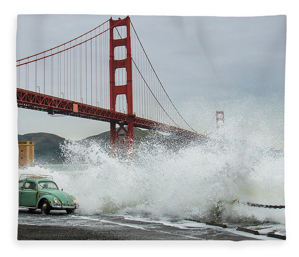 Richard Kimbrough Fleece Blanket featuring the photograph Waves Crash over a Vintage Beetle in Front of the Golden Gate Bridge San Francisco California by Richard Kimbrough