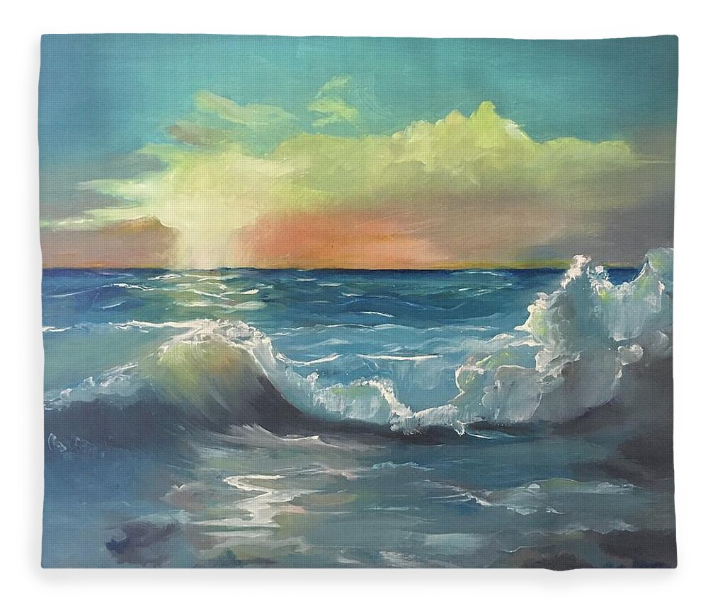 Original Oil Painting Fleece Blanket featuring the painting Waves in sunrise by Maria Karlosak