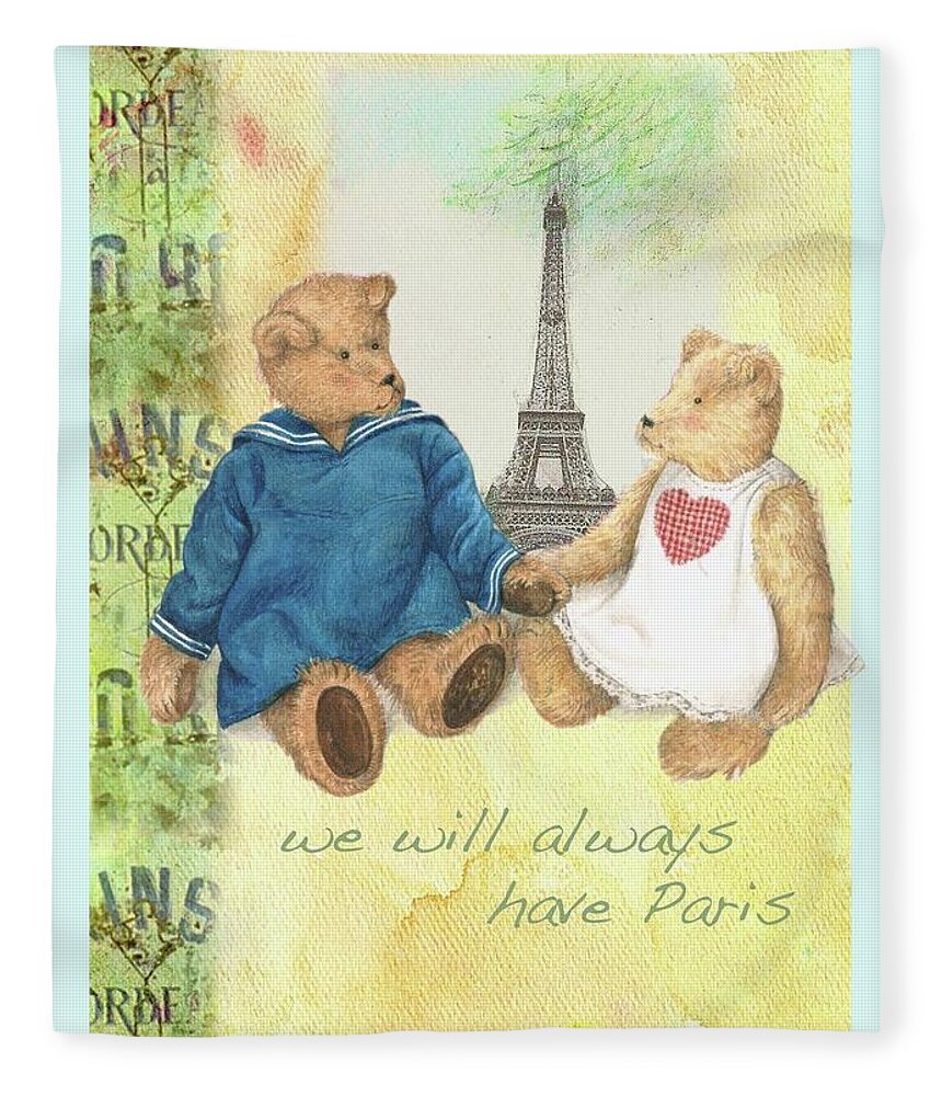Illustrated Paris Fleece Blanket featuring the painting We Will Always Have Paris Whimsical Bears by Judith Cheng