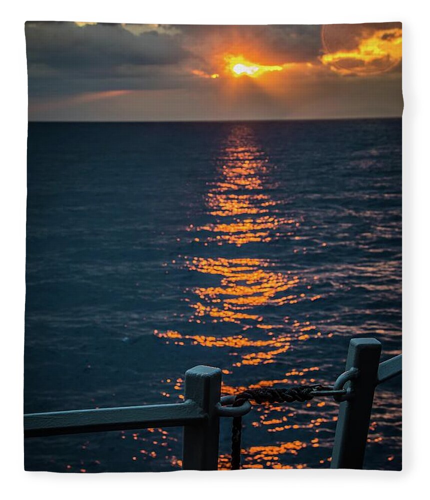Navy Fleece Blanket featuring the photograph Weather Deck Sunset by Larkin's Balcony Photography