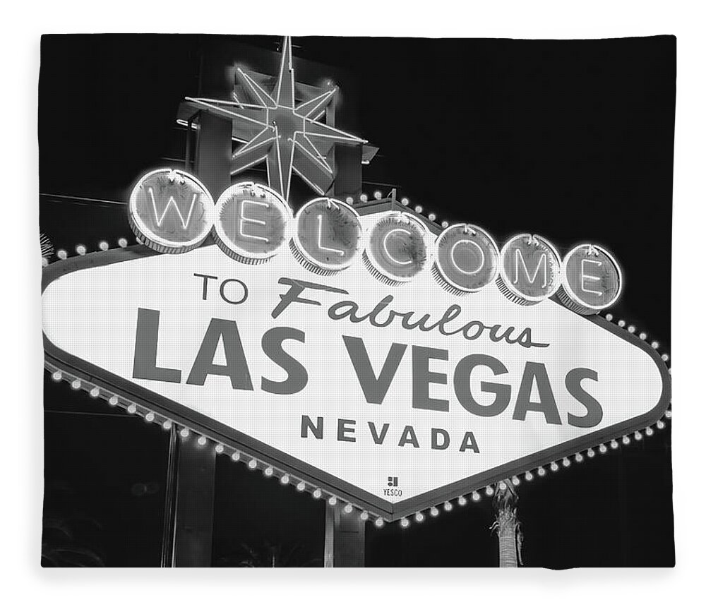 Las Vegas Sign Fleece Blanket featuring the photograph Welcome to Las Vegas Neon Sign - Nevada USA - Black and White by Gregory Ballos