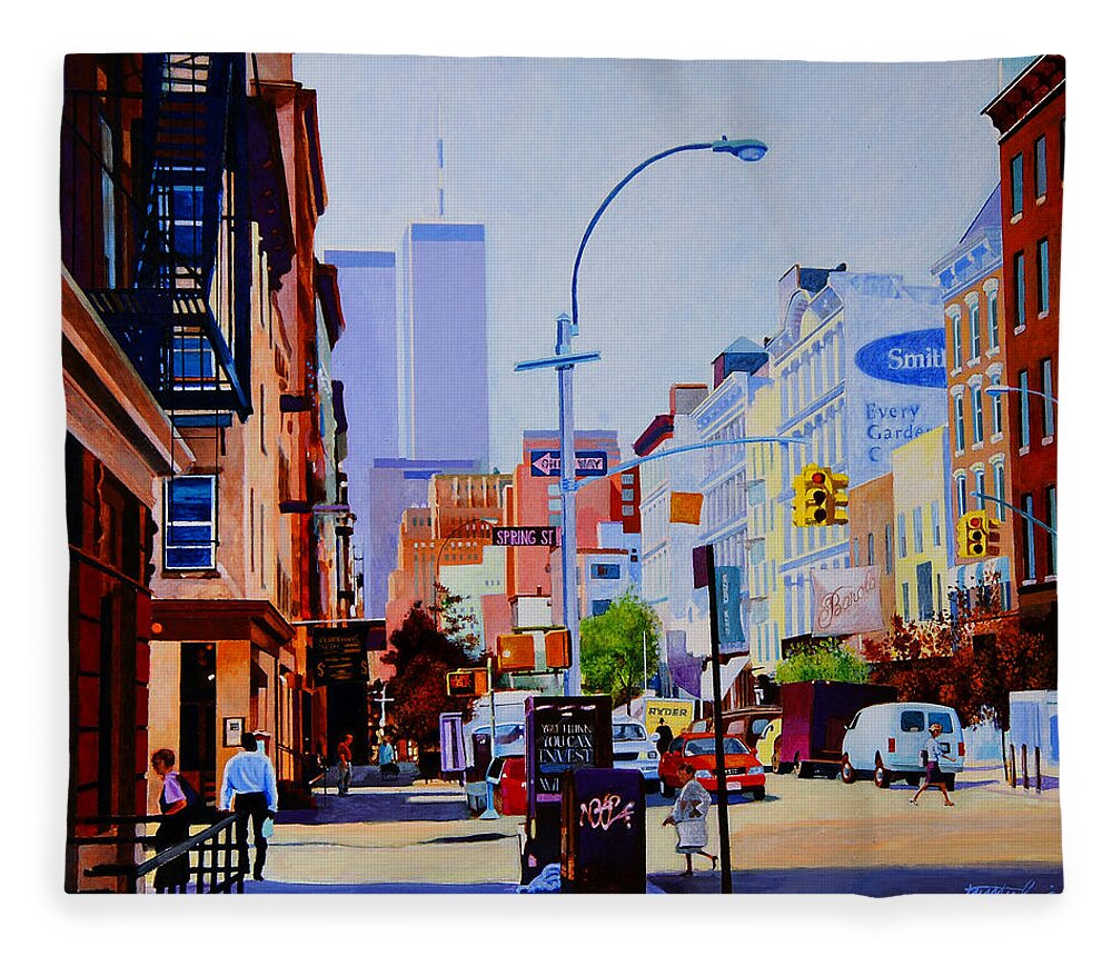 Spring Street Fleece Blanket featuring the painting West Broadway by John Tartaglione
