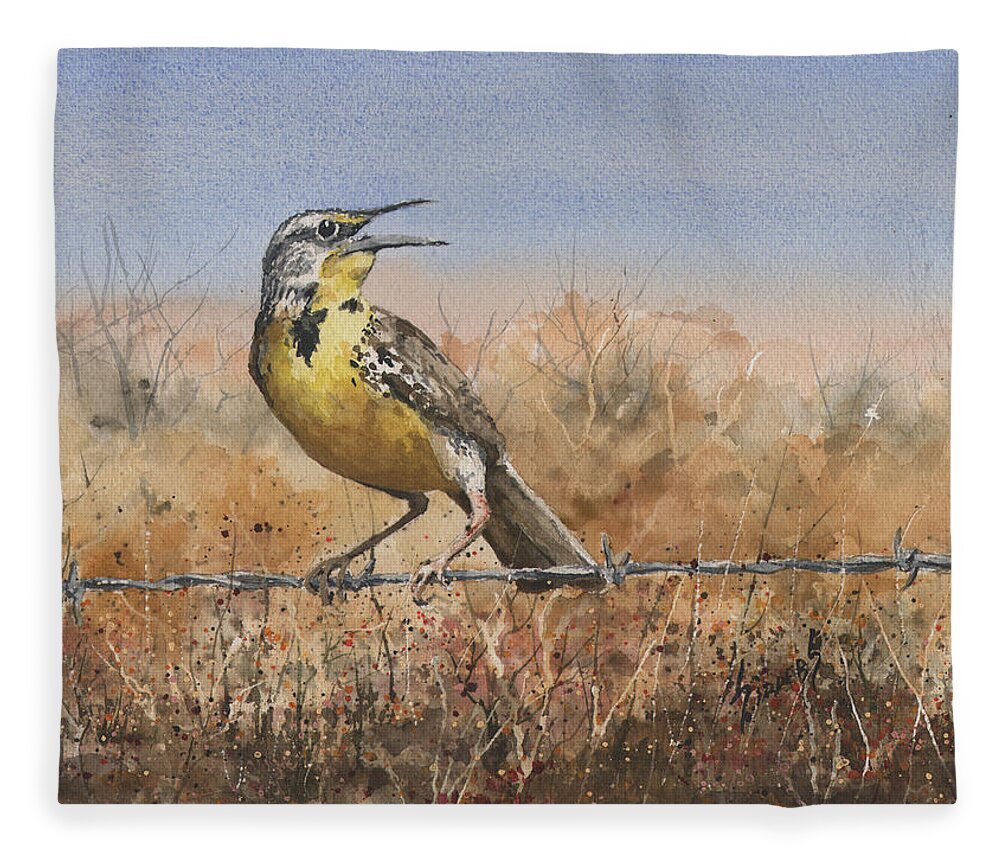 Bird Fleece Blanket featuring the painting Western Meadowlark by Sam Sidders