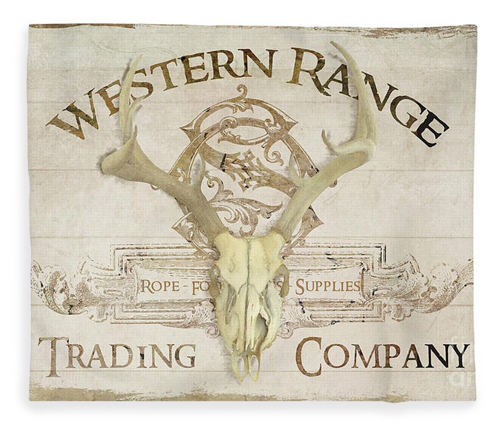 Western Fleece Blanket featuring the painting Western Range 3 Old West Deer Skull Wooden Sign Trading Company by Audrey Jeanne Roberts