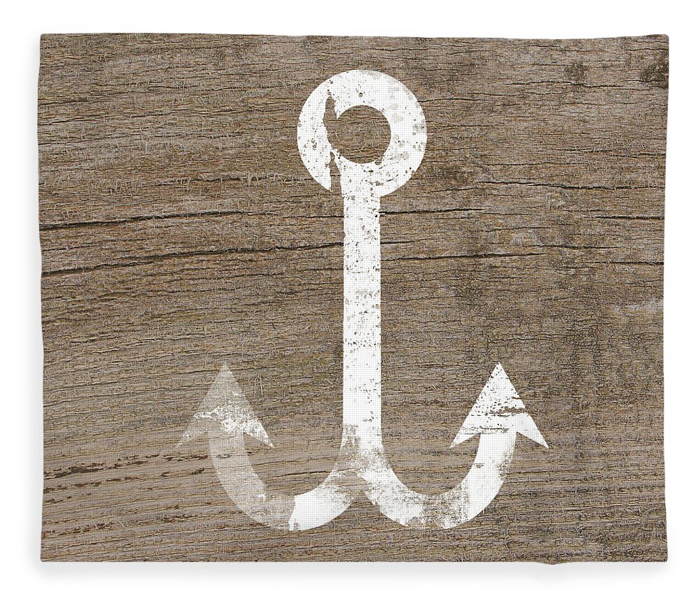 Wood Fleece Blanket featuring the mixed media White and Wood Anchor- Art by Linda Woods by Linda Woods