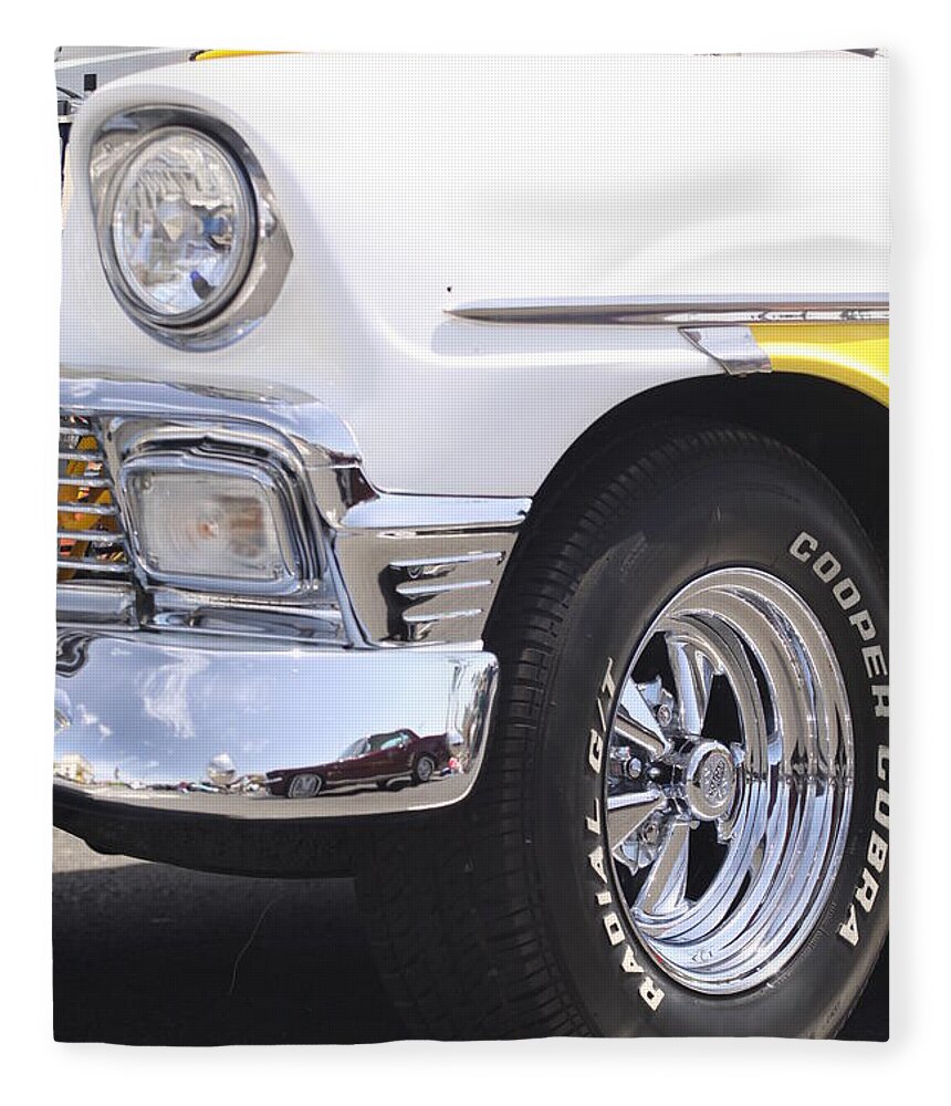 White Fleece Blanket featuring the photograph White and Yellow Classic Chevy by Jeff Floyd CA