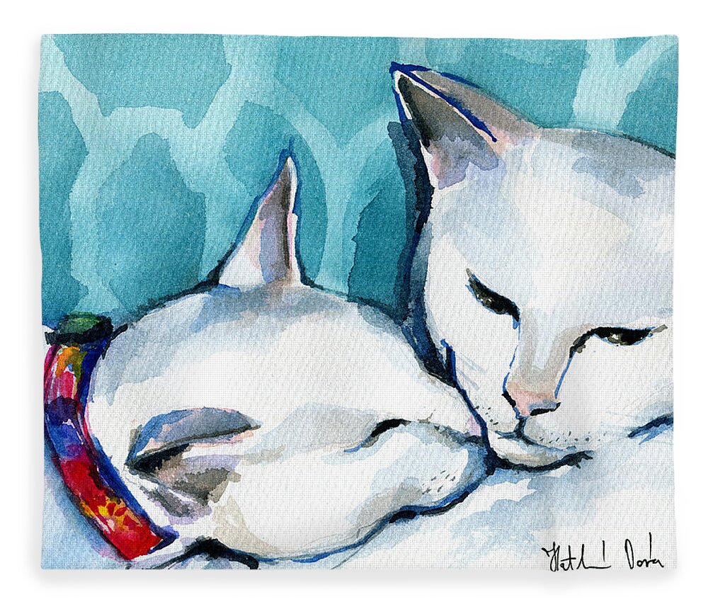 Cat Fleece Blanket featuring the painting White Cat Affection by Dora Hathazi Mendes