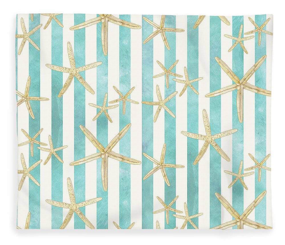 Watercolor Fleece Blanket featuring the painting White Finger Starfish Watercolor Stripe Pattern by Audrey Jeanne Roberts
