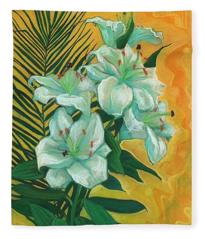 White Lily Fleece Blanket featuring the painting White Lilies and Palm Leaf by Julia Khoroshikh