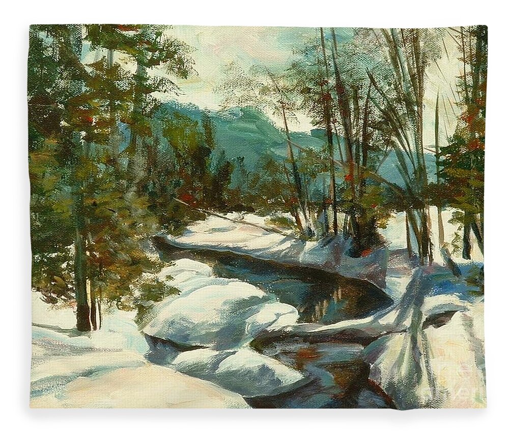 White Fleece Blanket featuring the painting White Mountain Winter Creek by Claire Gagnon