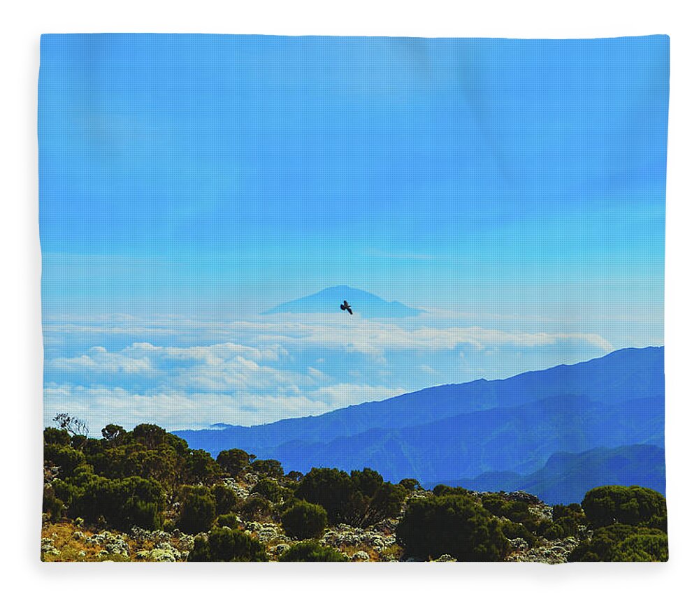 Africa Fleece Blanket featuring the photograph White-Necked Raven Soaring Above Mount Kilimanjaro with Mount Meru by Jeff at JSJ Photography