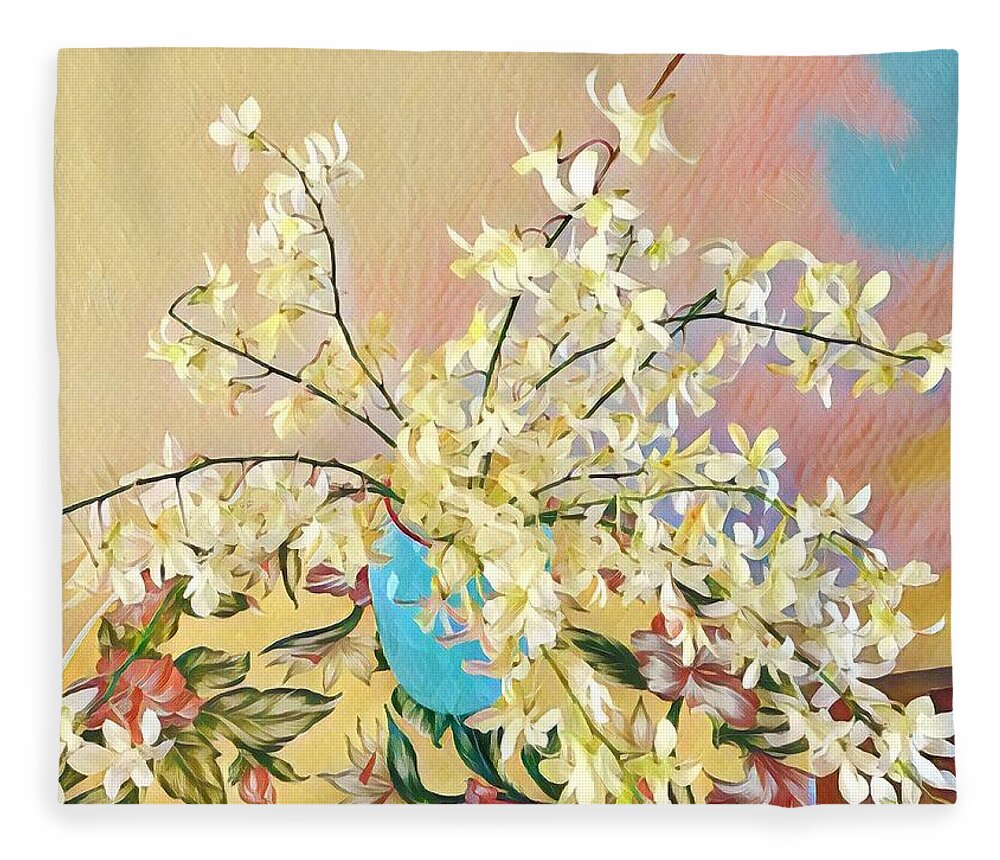 Flowers Of Aloha Bouquet Orchids White Orchids Fleece Blanket featuring the photograph White Orchid Bouquet Pink/Blue by Joalene Young