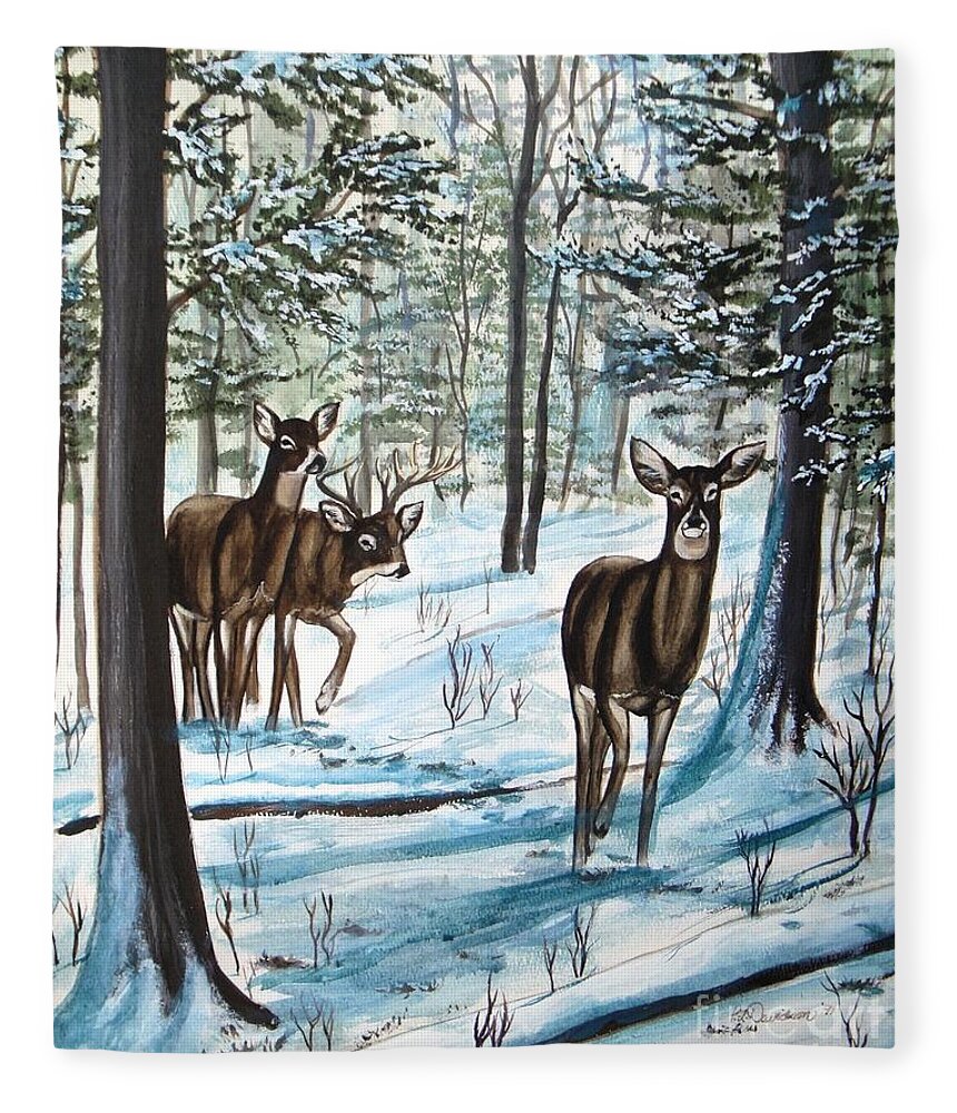 Deer Fleece Blanket featuring the painting White Tail Deer in Winter by Pat Davidson