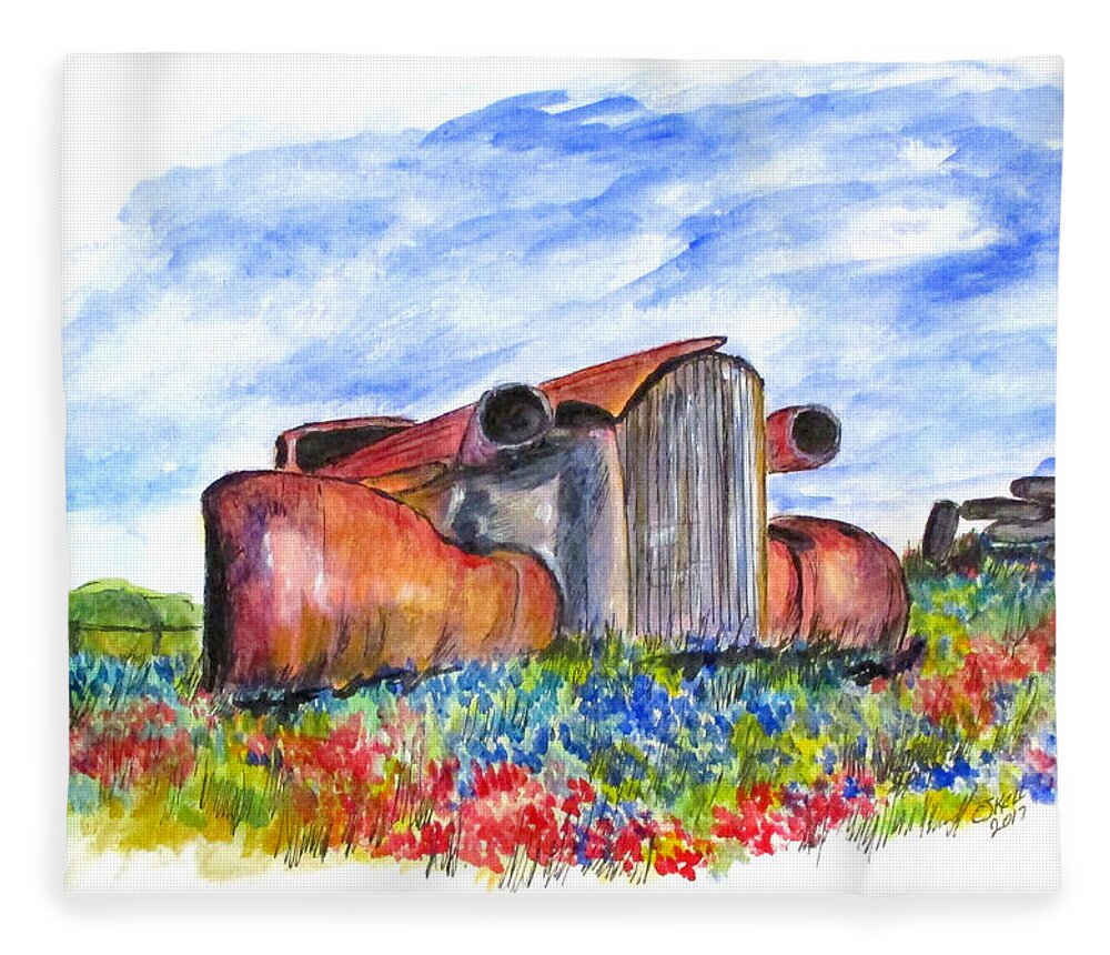 Painting Fleece Blanket featuring the painting Wild Flower Junk Car by Clyde J Kell