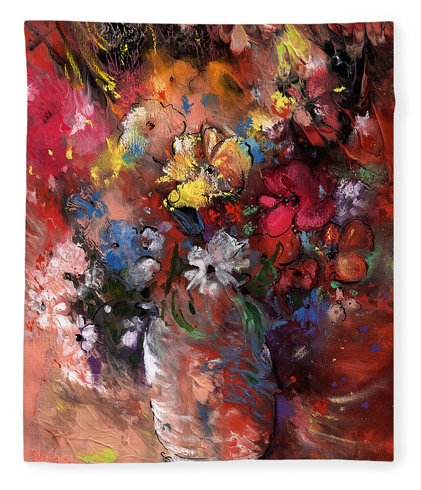 Flowers Fleece Blanket featuring the painting Wild Flowers Bouquet in A Terracota Vase by Miki De Goodaboom