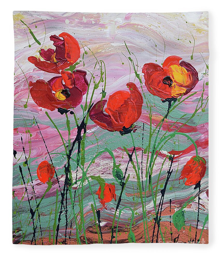 Wild Poppies - Triptych Fleece Blanket featuring the painting Wild Poppies - 1 by Jyotika Shroff